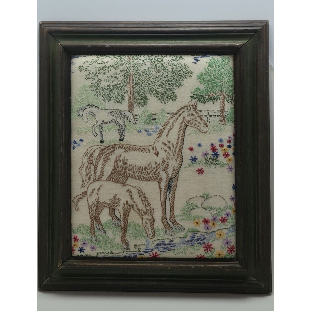 Vintage Hand Embroidered Needlework Mare Foal Pastoral Wooden Framed Wall Art